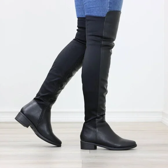 Low Heel Thigh High Boots Over The Knee Faux Leather & Stretchy Material Mix - Picture 14 of 15